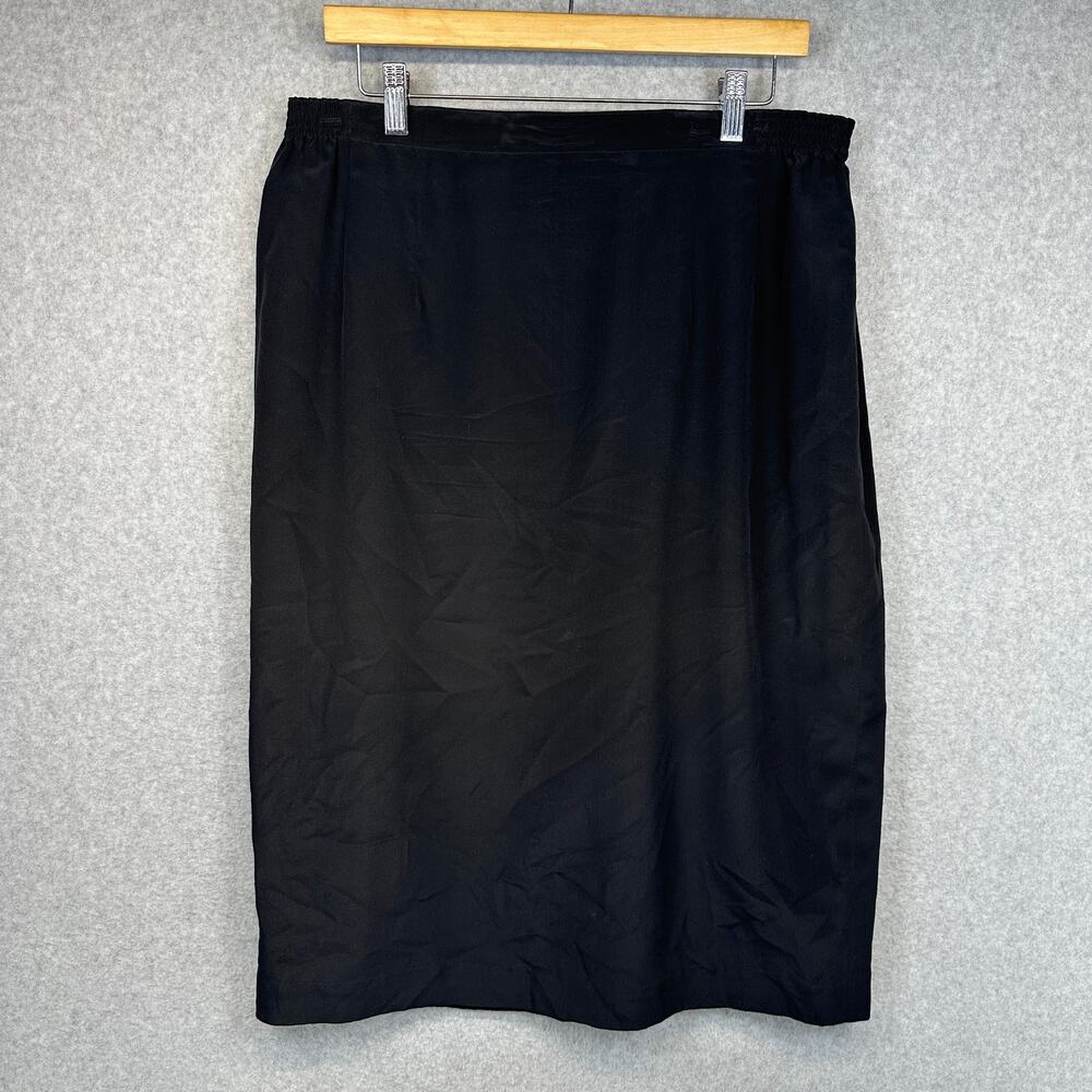 Vintage Encore Skirt Womens Size 14 Black 100% Silk Midi Straight Comfort Lined